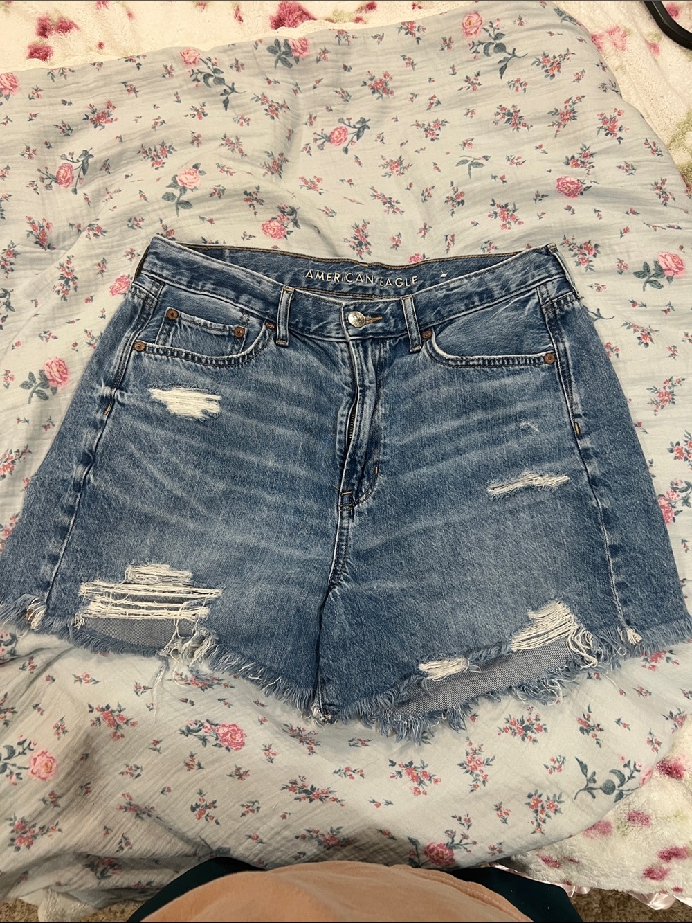American Eagle Outfitters Distressed Blue High-Rise Jean Shorts